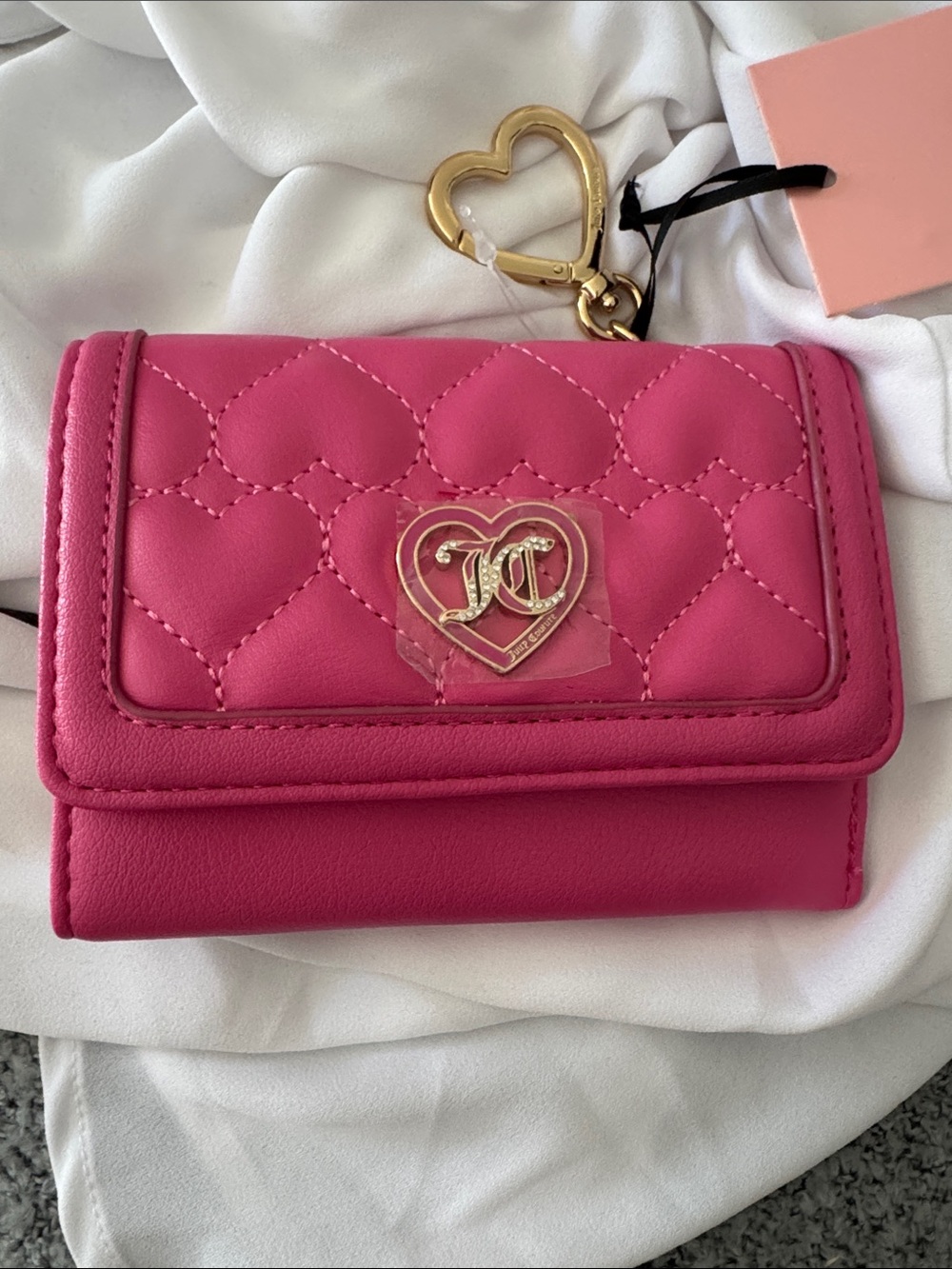 Juicy Couture Hot Pink Quilted Heart Trifold Wallet with Gold Hardware